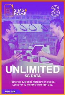 Three Data Sim Card Preloaded with UNLIMITED 4G/5G Data- Valid for 12 Months