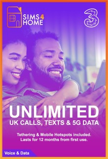 Three Sim Card Preloaded with Unlimited UK Calls, Texts & Unlimited 5G Data - Valid for 12 Months
