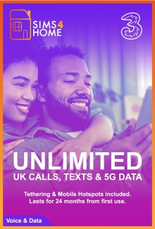 Three Sim Card Preloaded with Unlimited UK Calls, Texts & Unlimited 5G Data - Valid for 24 Months