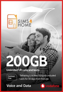 Vodafone Sim Card Preloaded with Unlimited UK Calls, Texts & 200GB of 4G/5G Data